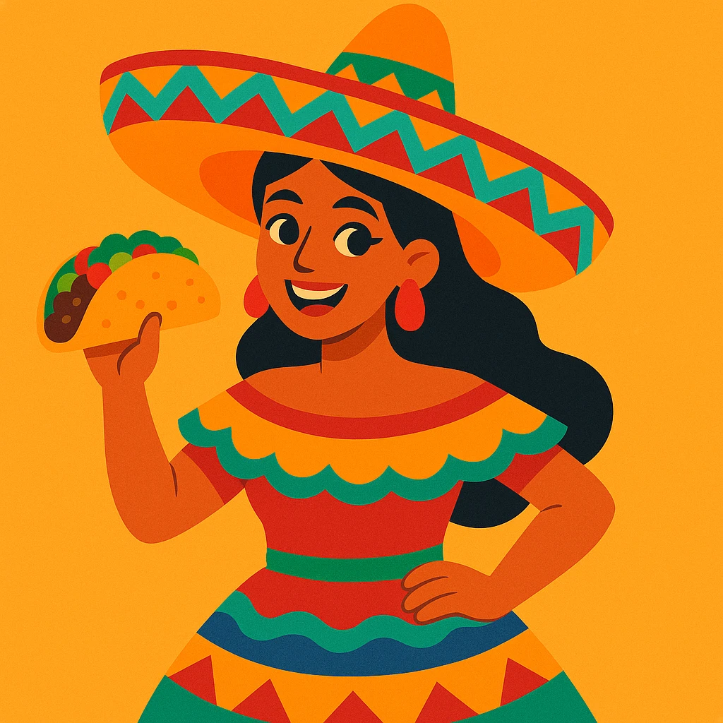 Mexican woman in a colorful dress, large sombrero, smiling and holding a taco, cartoon style emoji