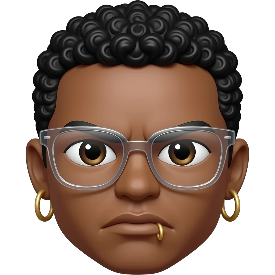 Apple memoji emoji, very short tight curls, clear glasses, hoop earrings, lip ring, frowning eyebrows, serious expression emoji