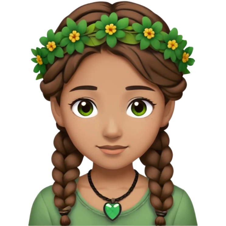 girl, braid, brown hair, brown eyes, black flower crown, green shirt, black necklace, closeup, winking emoji