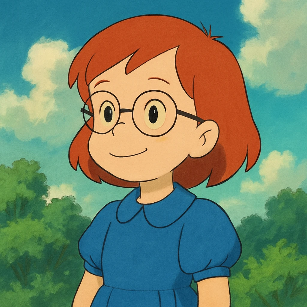 Little Suzy from Johnny Bravo, smart young girl with red hair, blue dress, in Ghibli art style emoji
