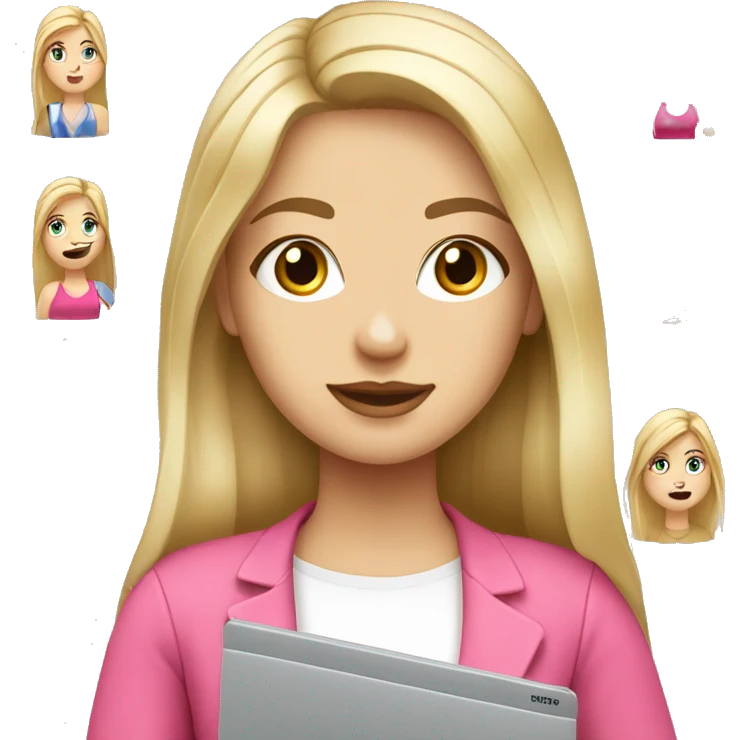 Graphic designer blonde girl with long hair and fair skin with grey eyes with Pink laptop  emoji