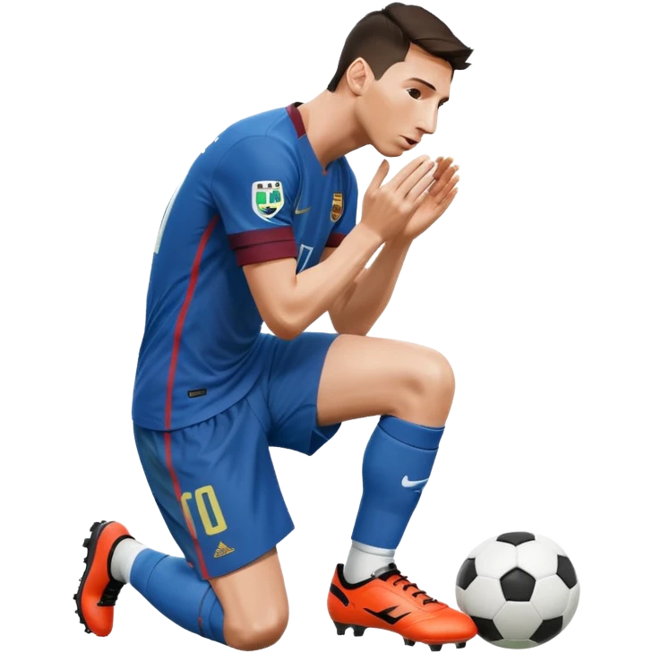 Lionel Messi kneeling and kissing a football boot labeled as Cristiano Ronaldo's emoji