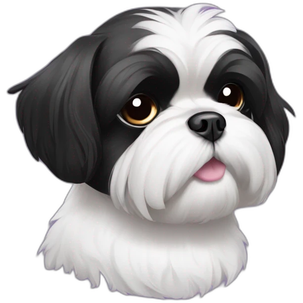 half face black and half white shihtzu dog wearing a bun and a pueple collar emoji