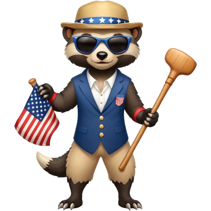 friendly anthropomorphised honey badger in USA Independence Day outfit, wearing sunglasses, holding a club, ready stance emoji