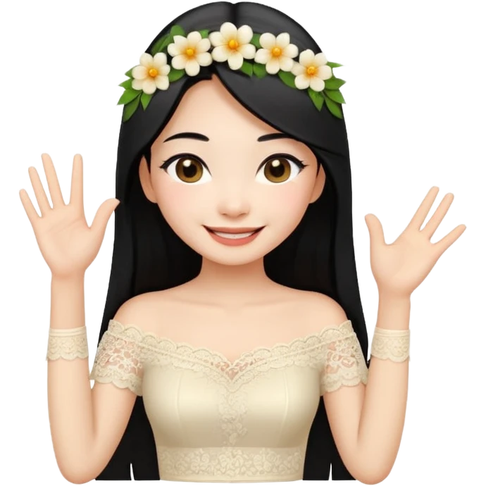 beautiful happy Thai woman with long straight black hair, fair skin, smiling gently while doing Thai greeting gesture (wai), wearing a cream lace off-shoulder blouse, hair decorated with flowers, pastel background, emoji style illustration emoji