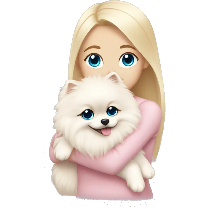 Blond girl white skin blue eyes hugging white Pomeranian with light pink bow emoji