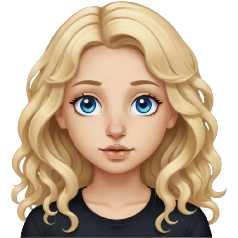 blonde polish girl, long and curly dirty blonde hair in a middle part, long eyelashes, blue eyes, black shirt, nose piercing emoji
