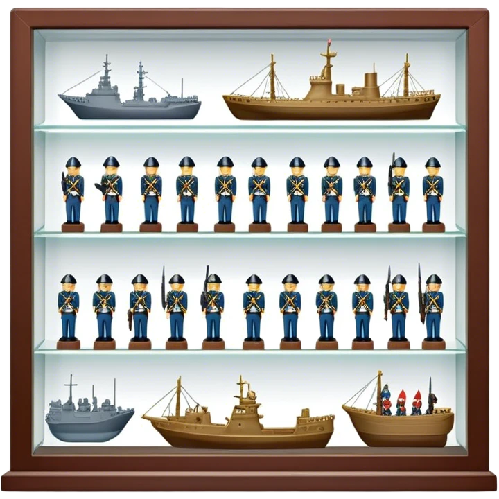 Icon for Miniature Collecting: a collection of finely detailed miniature items such as tiny colorful army of soldiers, ships and accessories, neatly displayed on a shelf or in a display case. The icon should convey the intricacy and charm of collecting miniature objects. Transparent background. emoji