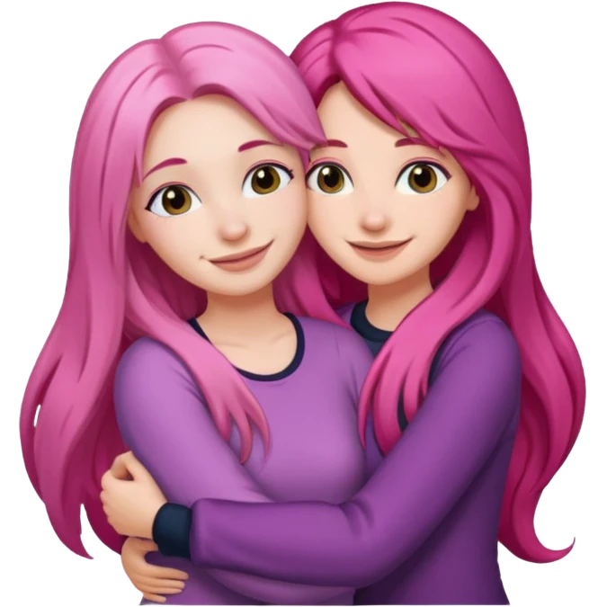 Surprisingly goofy once they open up. Strong, loyal, and incredibly supportive — but still hates wasting time. woman long pink hair hugging another woman with dark hair emoji