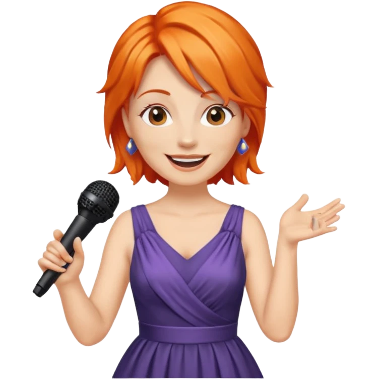 singer, Middle age, orange hair, happy, holding mic, wearing dress emoji