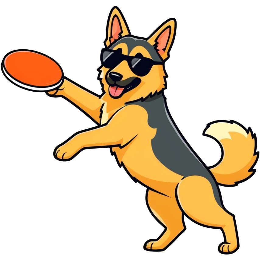 German shepherd wearing sunglasses, playing frisbee emoji