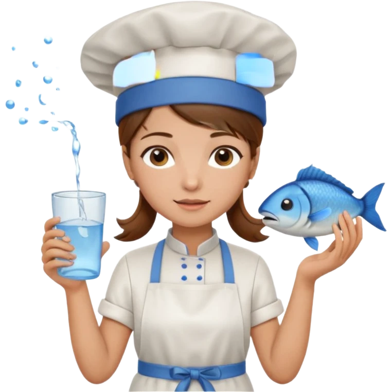 A girl with brown hair with a chef hat wearing an apron and holding a fish and a cup of water in another hand emoji