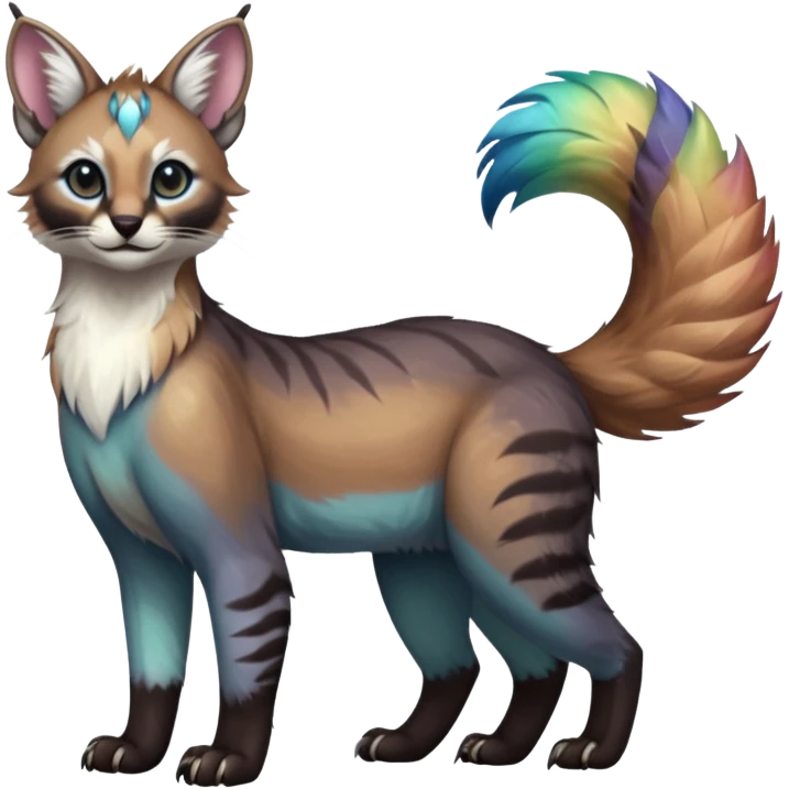 Colorful dark tropical iridescent pastel white glorious divine exotic cute cool beautiful shiny beautiful fantasy-caracal-civet-genet-sergal-vernid-Gryphon-Cacomistle-Trico-oncilla-animal-Fakémon-hybrid-fursona (full body) emoji