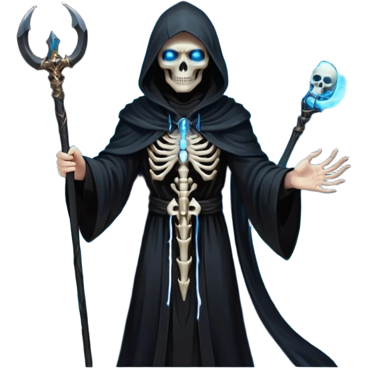 portrait of a god of death in black robes, skeletal hands, glowing blue eyes under a shadowed hood, scythe in hand, floating slightly above the ground, surrounded by spirits emoji