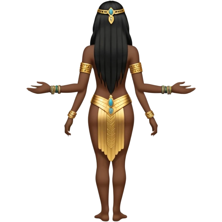 fullbody back view of Anunnaki goddess Inanna with long black hair, Mesopotamian symbols, naked back, short gold bracelets on wrists and gold anklets on feet, arms positioned down at sides, medium-dark brown skin emoji