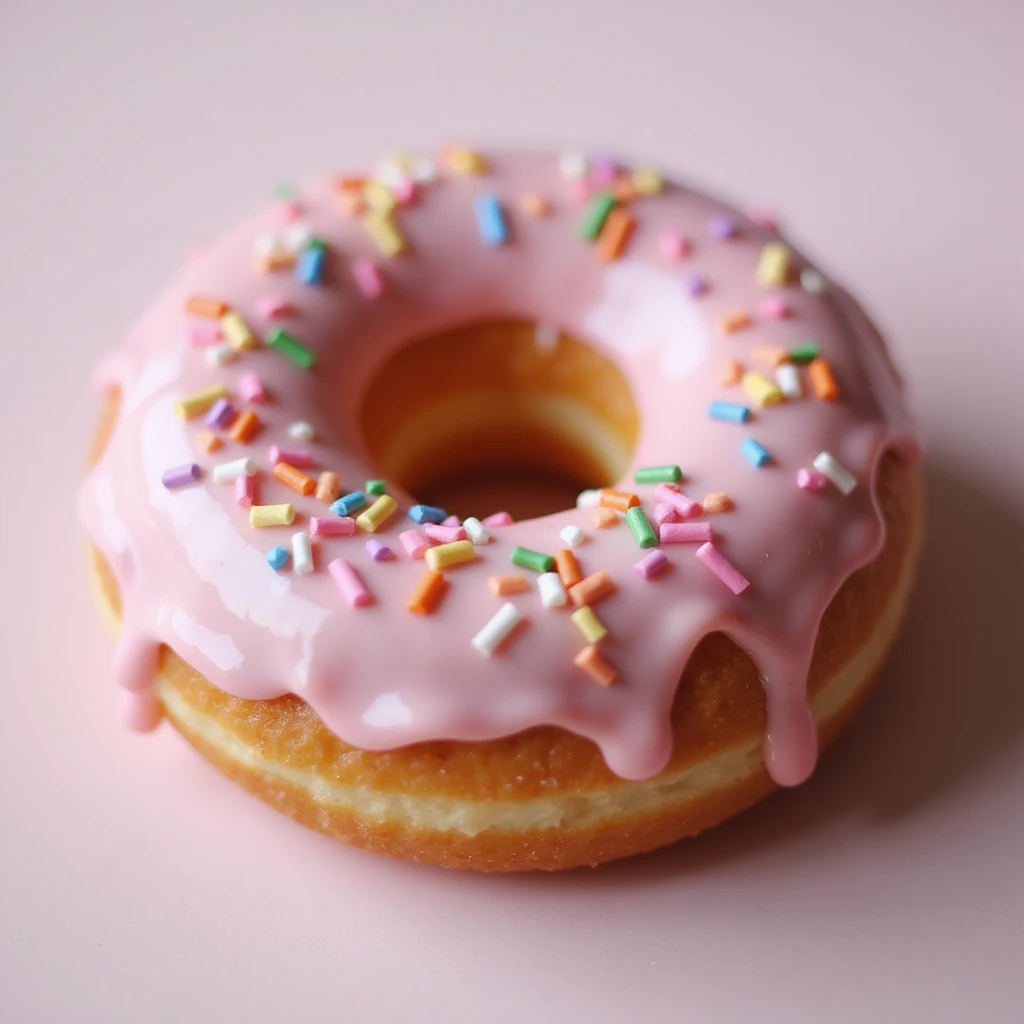 realistic glazed donut, soft lighting, appetizing, classic pink glaze with rainbow sprinkles, on white background emoji
