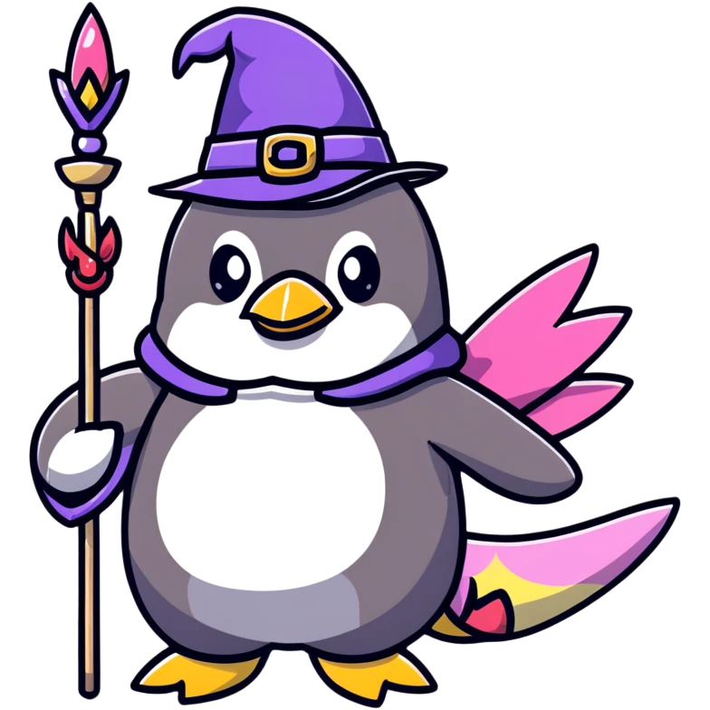 penguin wizard with a staff and hat, surrounded by a small dragon, fairy, and unicorn, colorful fantasy landscape emoji