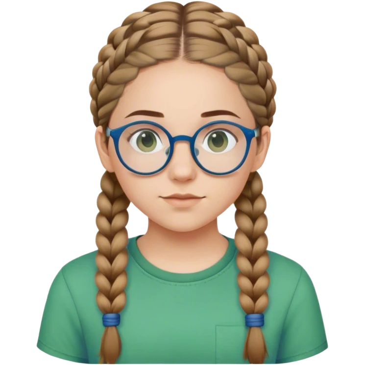 White teen girl with two brown French braids wearing a green shirt with blue round glasses emoji