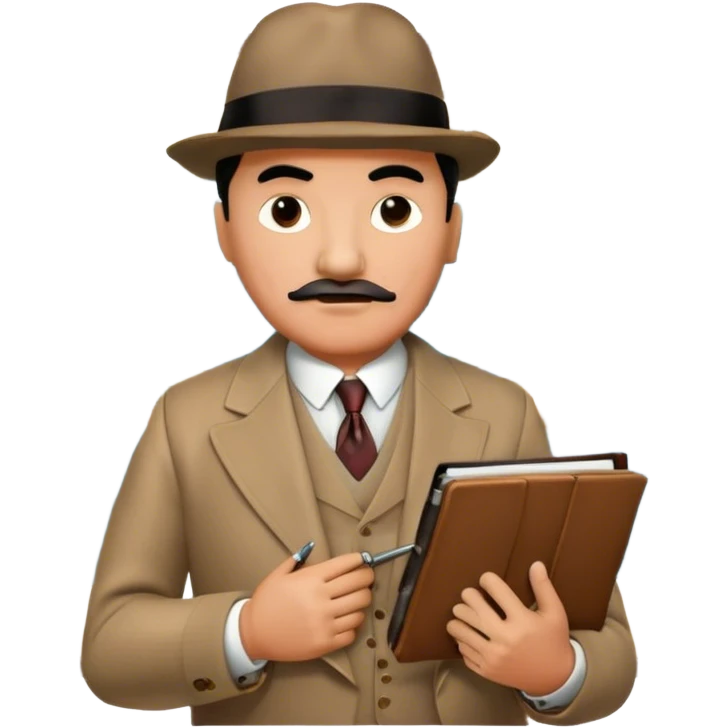 A cinematic-style frame showing Hercule Poirot in his iconic suit with a notebook in a dramatic detective pose. Background should be mysterious city, map, a board with photos of suspects, clues like fingerprints. Transparent background. emoji