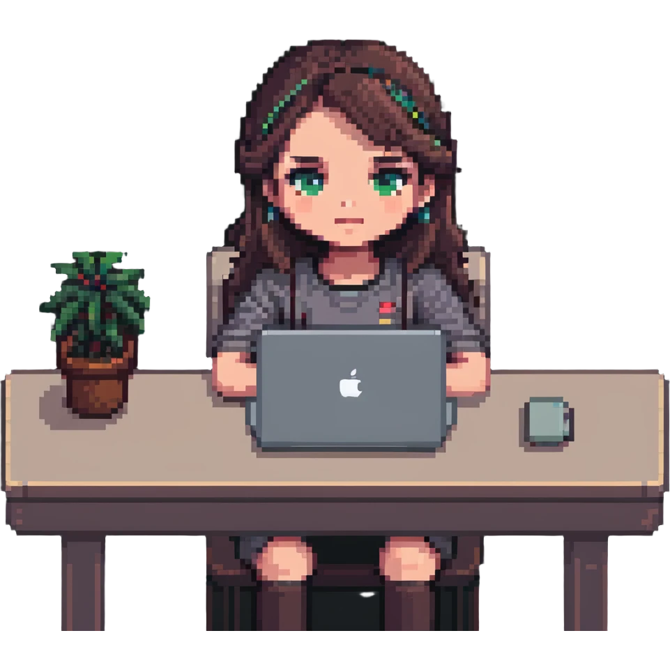 a girl sitting at a desk with a MacBook, focus on face and laptop, pixel art style emoji