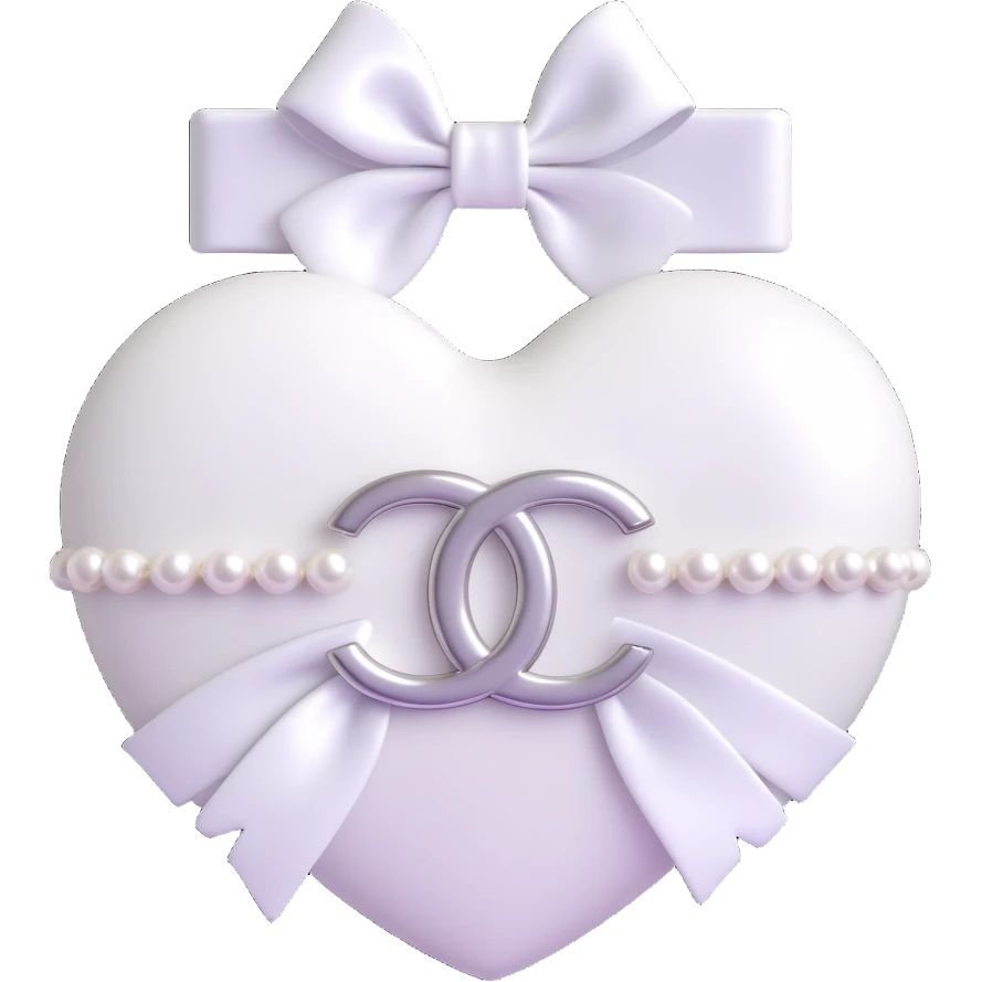 Add a white bow to the heart with pearls and silver Chanel logo, keep it elegant, glossy, black and white, 3D emoji style. emoji