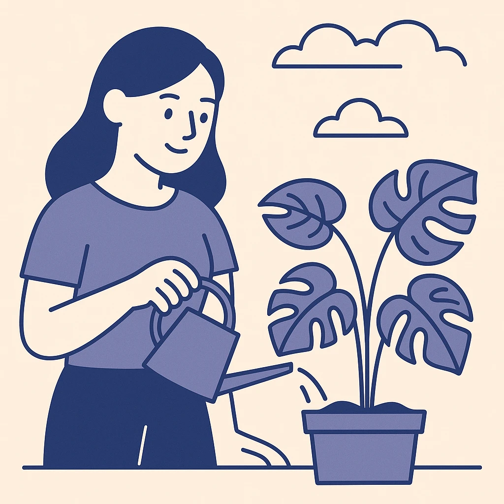 woman watering her monstera plant emoji