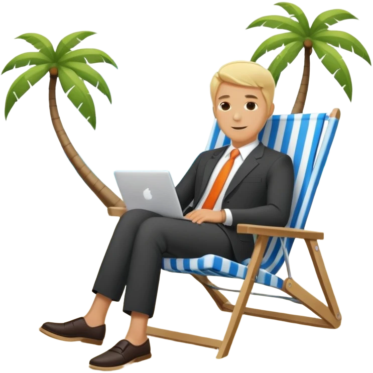 blonde man in business suit sitting in a beach chair on a tropical beach, vacation emoji