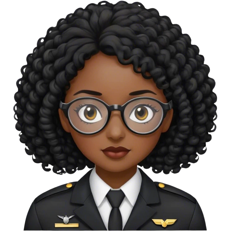 femme pilote d'avion en uniforme noir aux cheveux bouclés noir et petites lunettes arrondis identique avec des cheveux très long et la peau noir mais légèrement plus claire avec les cheveux attachés. 1 seule personne emoji