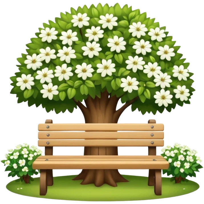 beautiful bench against the background of a tree with blooming white flowers emoji