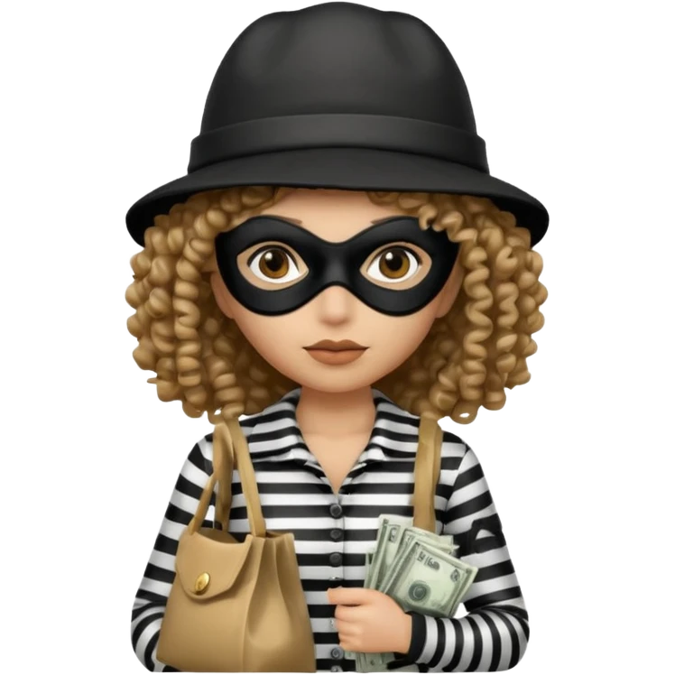 woman with robber mask concerned curly hair and robber outfit hat emoji