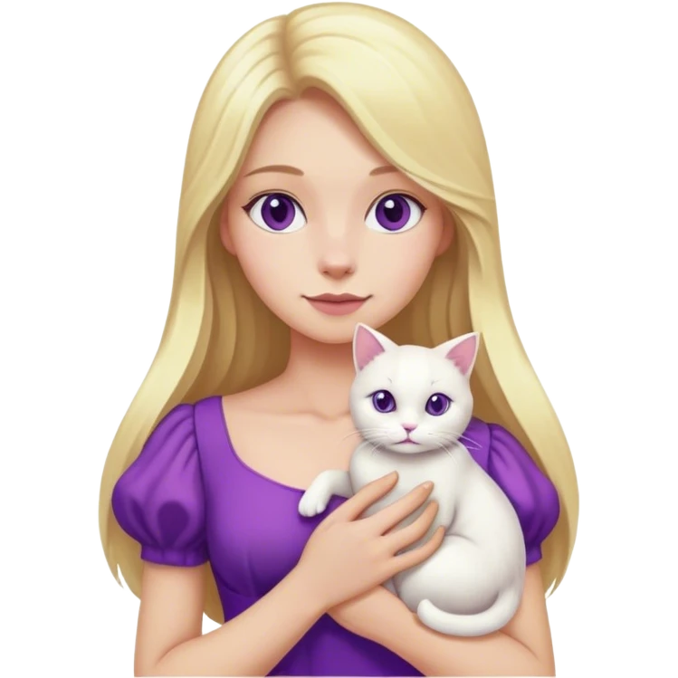 ผู้หญิงใส่ชุดกระโปรงถือแมวสีขาว ชุดกระโปรงสีม่วงไว้ผมยาวสีบอล emoji