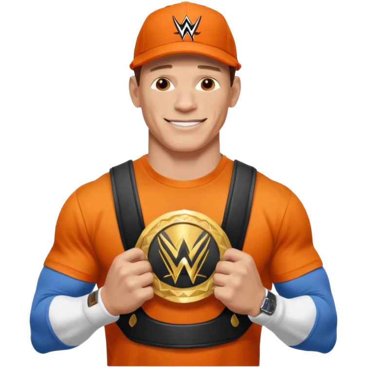 John Cena in orange cap and tshirt with wwe championship emoji