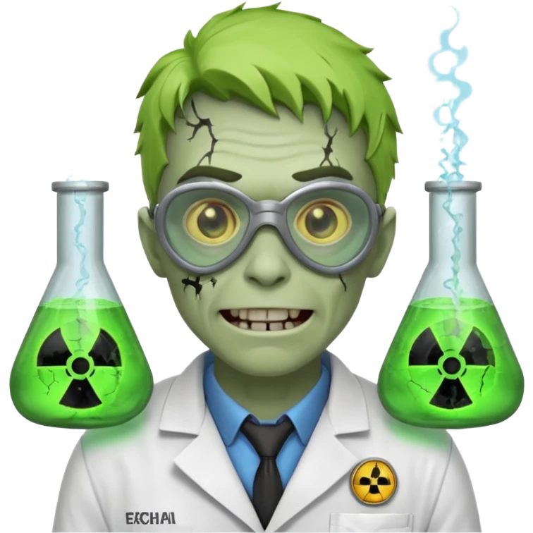 radioactive zombie scientist portrait, head and shoulders only, glowing toxic veins, cracked goggles, lab coat with radiation badge, sinister smile, 3D cartoon, mobile game icon style, clean background, no text, no watermark
 emoji