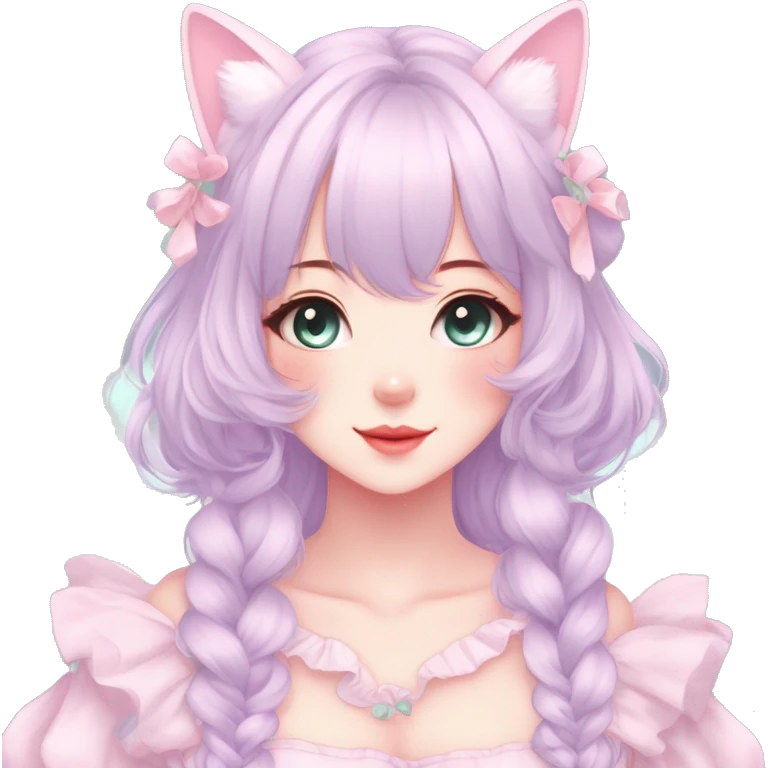 Gorgeous pastel anime style lady with blushing face and cat ears cottagecore fairycore pastelcore colorful pearly romantic simplistic aesthetic trending style full body emoji