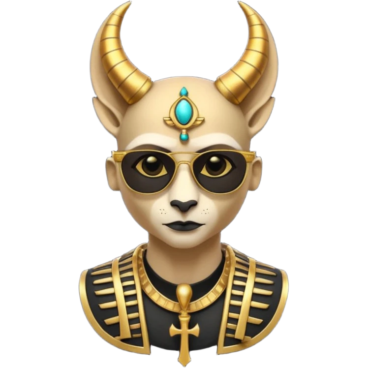 3D cartoon horned character portrait, wearing sunglasses, gothic ancient Egyptian style, pharaoh collar, dark gold and black outfit, ankh symbols, Egyptian jewelry, mysterious expression, soft dramatic lighting, centered, clean background, no text, no watermark emoji