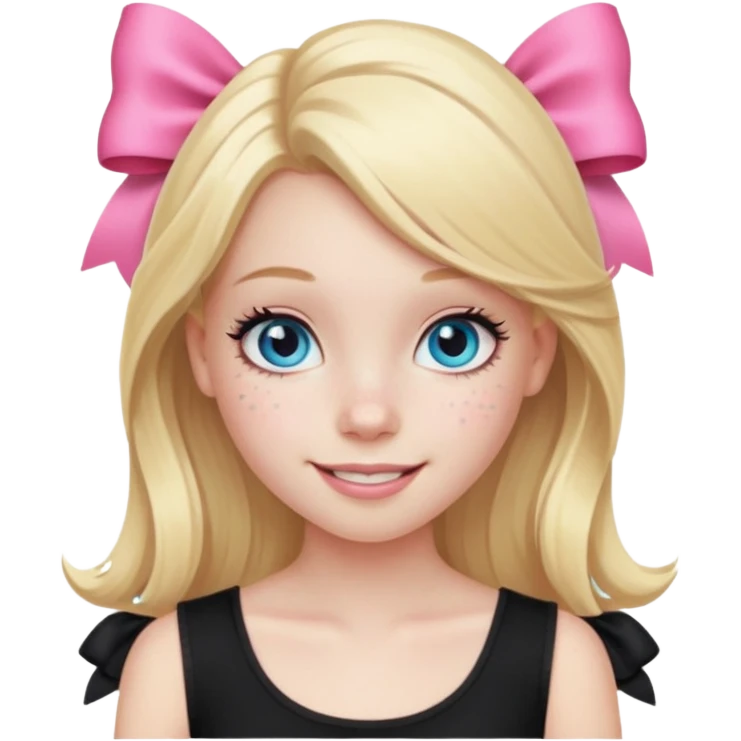 A blonde girl, teen, pale skin, freckles, light blu eyes, lashes, smiling, black top, pink coqquete bow in hair emoji