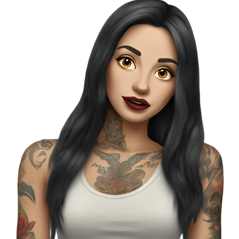 Caucasian Hyper realistic long dark hair and tattoos big lips emoji