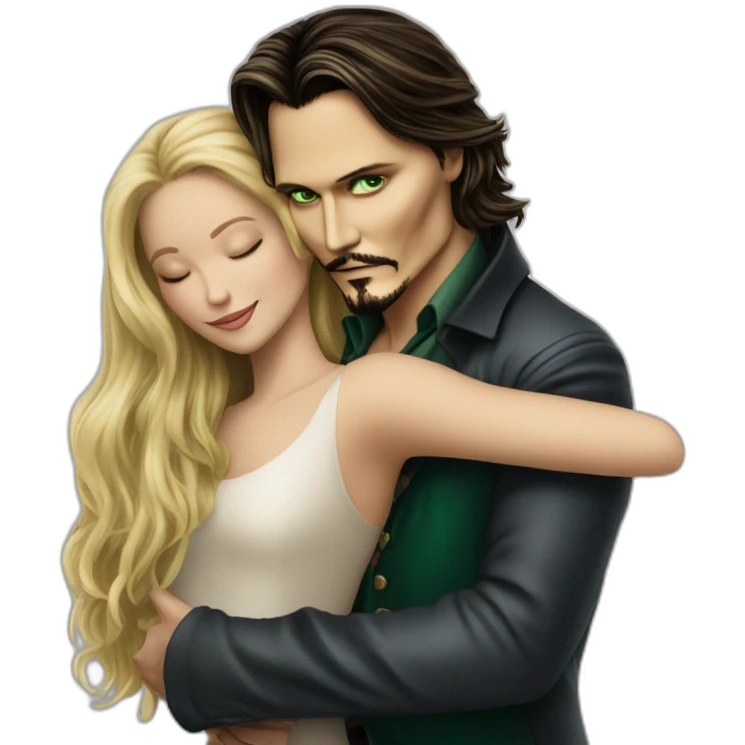 Johnny Depp dance hugging blond woman with green eyes amd very very very long hair emoji