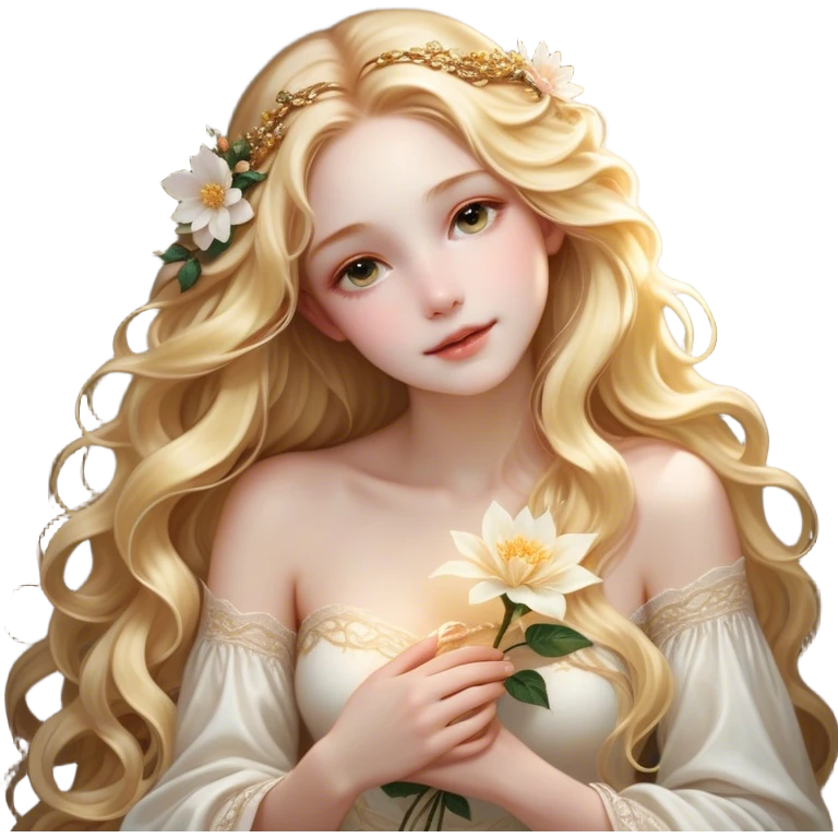 Cinematic Realistic Rapunzel Portrait, with porcelain-like skin featuring a subtle, natural glow, illuminated by soft lighting that brings out the gentle contours of her face. Her long, golden blonde hair cascades in detailed waves, each strand highlighted with a radiant shimmer as it catches the light. She playfully holds a flower in one hand, her other hand resting casually in her lap, with a warm and spirited expression. Her bright, expressive green eyes exude curiosity and warmth, framed by delicate lashes and soft, arched brows. She is dressed in her classic lavender and pink gown, the fabric textured with delicate folds that flow naturally, catching the light with a soft, radiant glow. The portrait captures a luminous, enchanting aura, seamlessly blending realism with a whimsical, fairytale charm, evoking a timeless sense of beauty and magic. emoji
