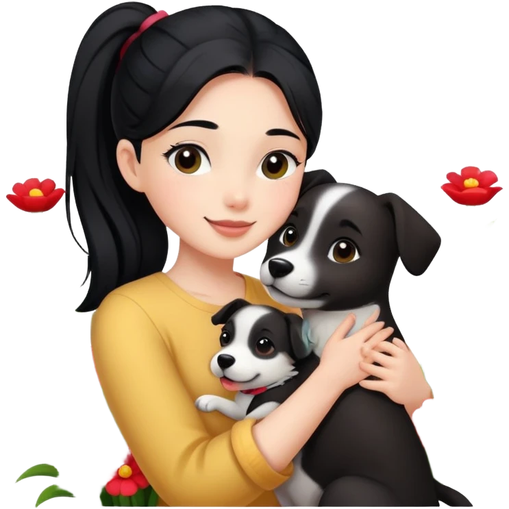 A beautiful girl with black ponytail happily hugs a dog in the flowers emoji