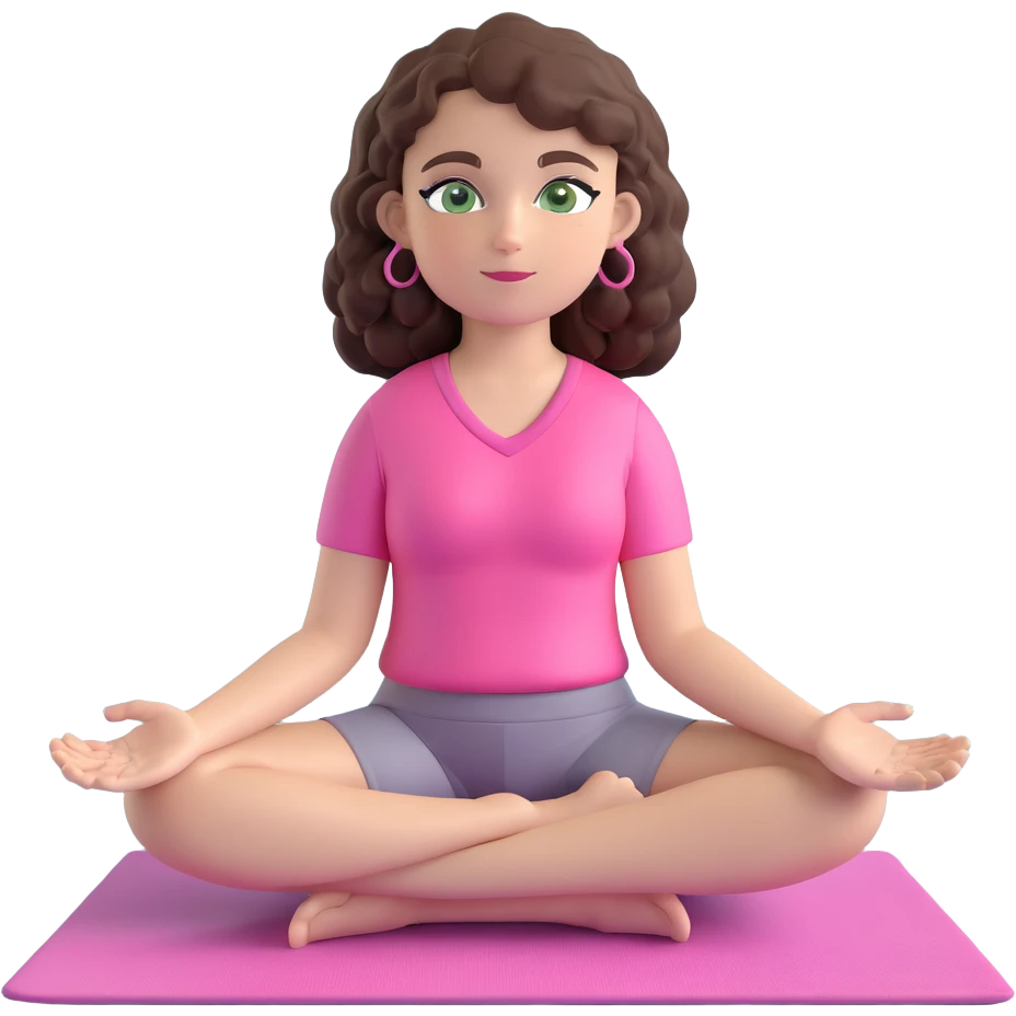 yoga girl with dark brown curly hair, green eyes, wearing pink clothes, sitting cross-legged on a yoga mat, emoji style emoji
