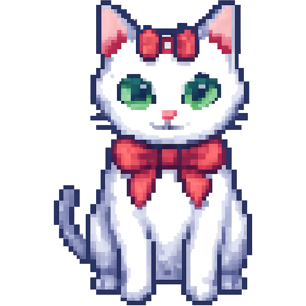 Make the cat white with a pink ribbon on her head, no background, in pixel art style. emoji