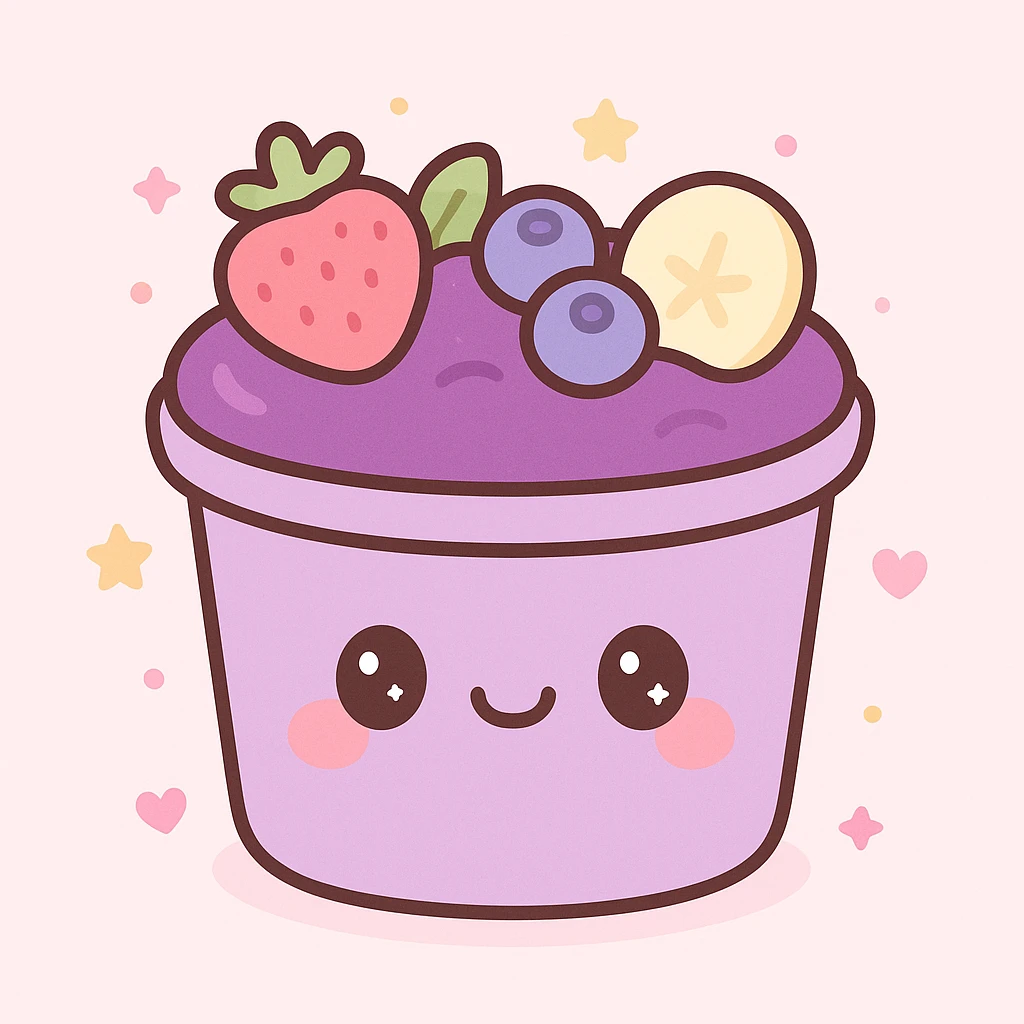 Acai bowl in a purple plastic cup, kawaii style, cute face on cup, purple acai, playful fruit toppings emoji