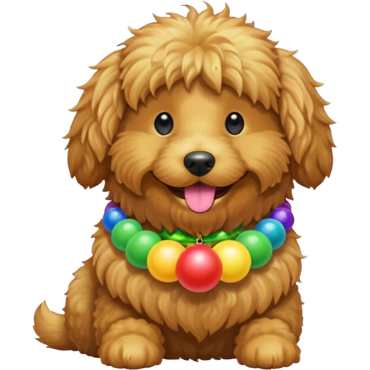 Golden doodle with a rainbow collar and a green ball in its mouth  emoji