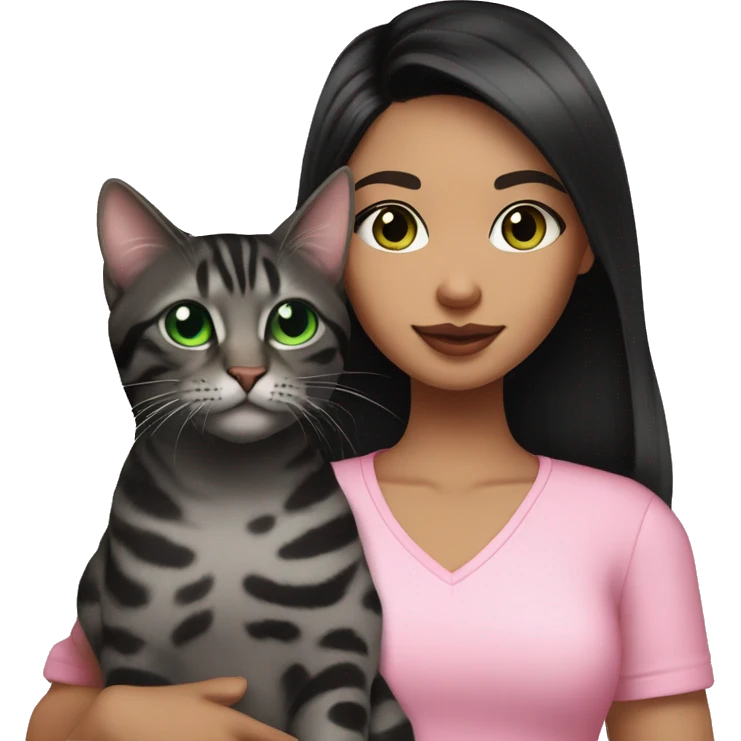 Girl with black eyes and black hair, shoulder length straight black hair, wears a Pink blouse outfit, kissing a gray bengal cat with Green eyes emoji
