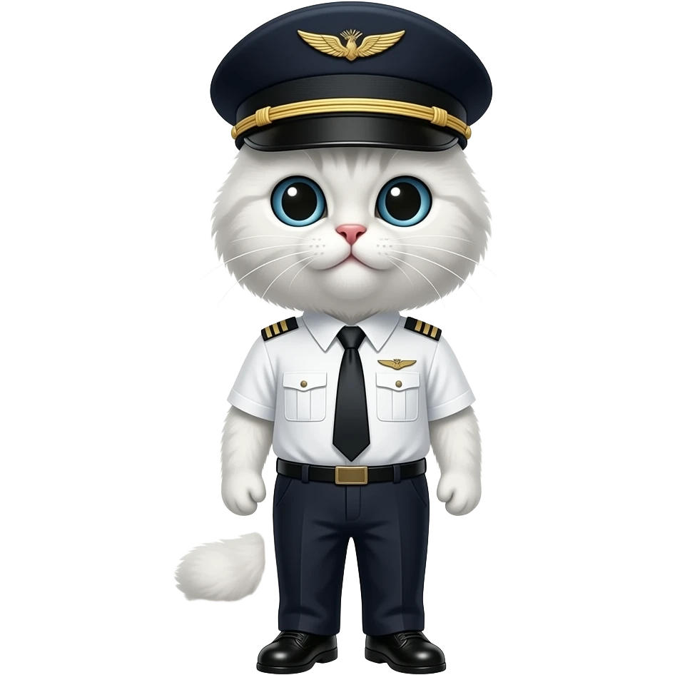 create a boeing 747 plane, and a white persian cat pilot, the cat wearing a pilot uniform , and black pants and black shoe, she is wearing a pilot cap. emoji