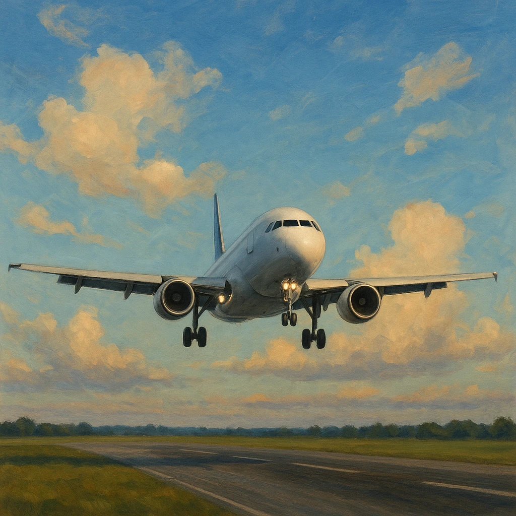 avion qui atterrit, style semi-réaliste, couleurs naturelles, ciel en arrière-plan emoji