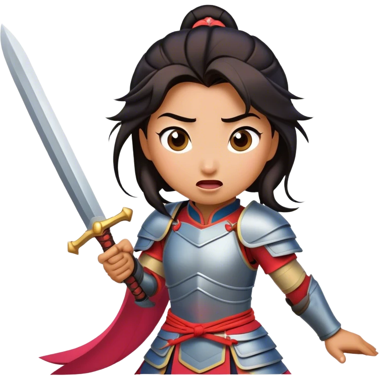 Cinematic Funny Mulan Portrait Emoji, Wearing her training armor too big, looking surprised as a sword nearly topples her over, a mix of warrior determination and hilarious inexperience, a comical yet endearing moment in her transformation! emoji