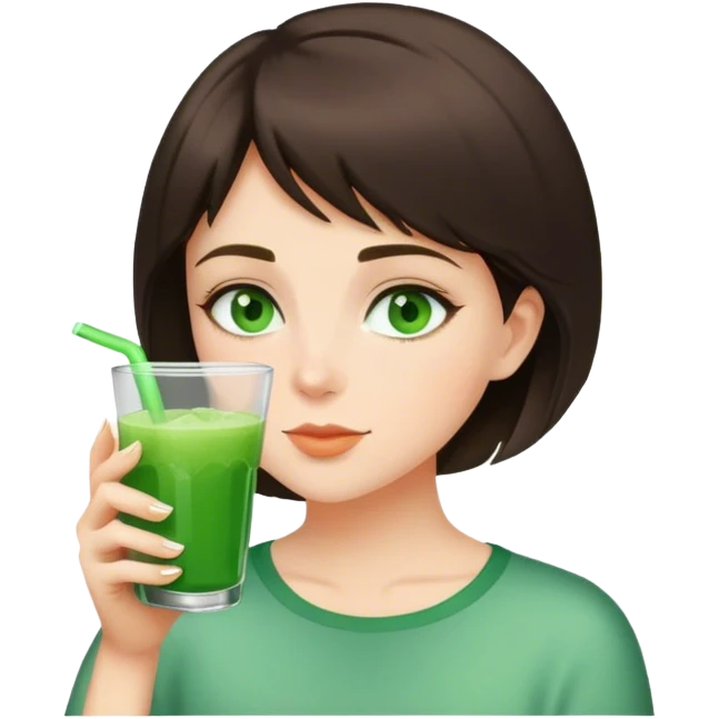 brunette girl with short hair and green eyes drinks green drink emoji