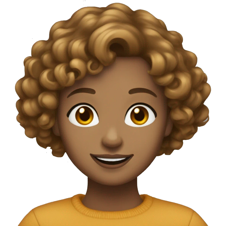 Women with a curly light brown bob, friendly smile, small to medium brown eyes, round face, small gold hoop earings emoji